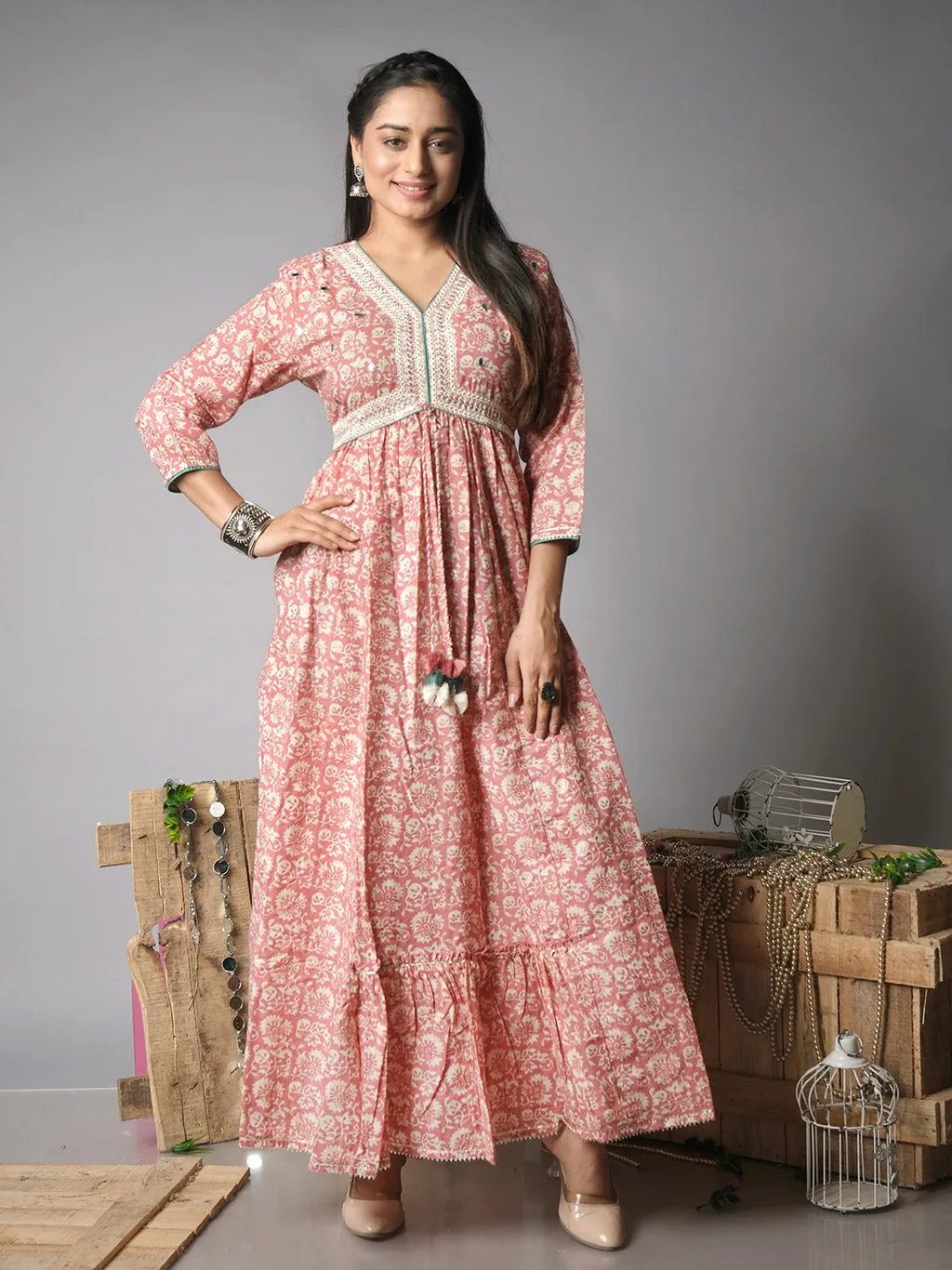 Ekisha's women floral printed peach cotton maxi dress