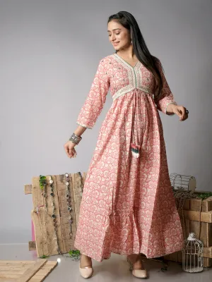 Ekisha's women floral printed peach cotton maxi dress