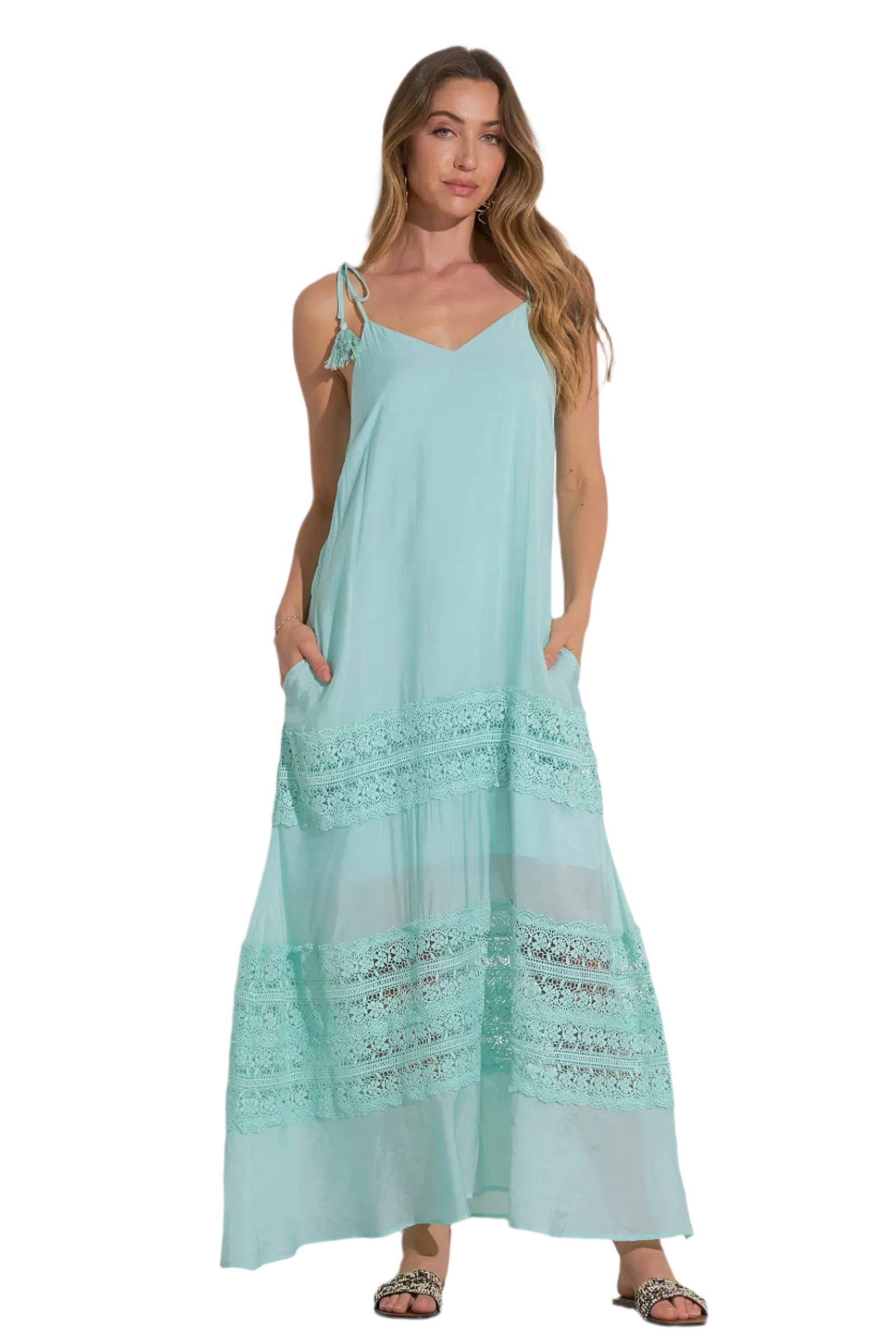 Elan Tiered Crochet Inset Maxi Dress - Aqua