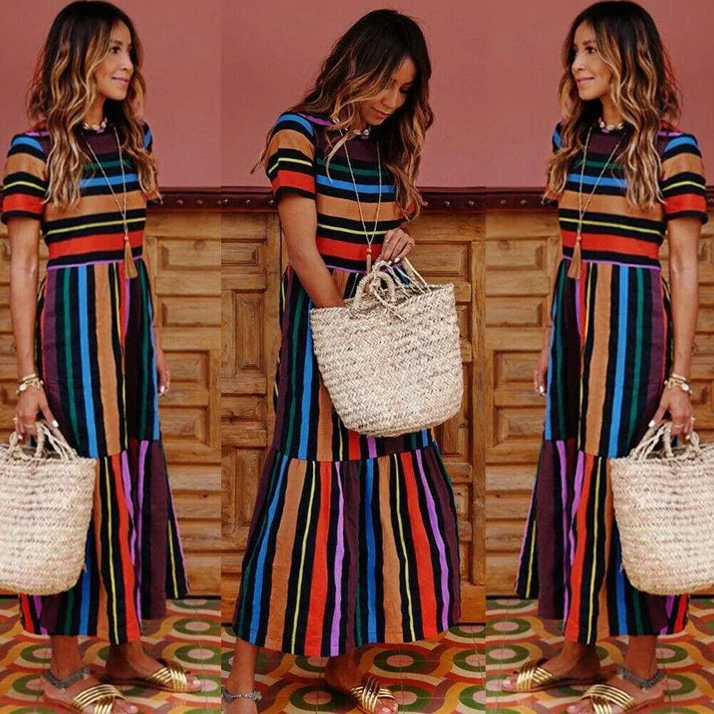 FashionSierra - Summer Holiday Dress Women Stripe Boho Short Sleeve Long Maxi Dress New Ladies Casual Beach Sundress