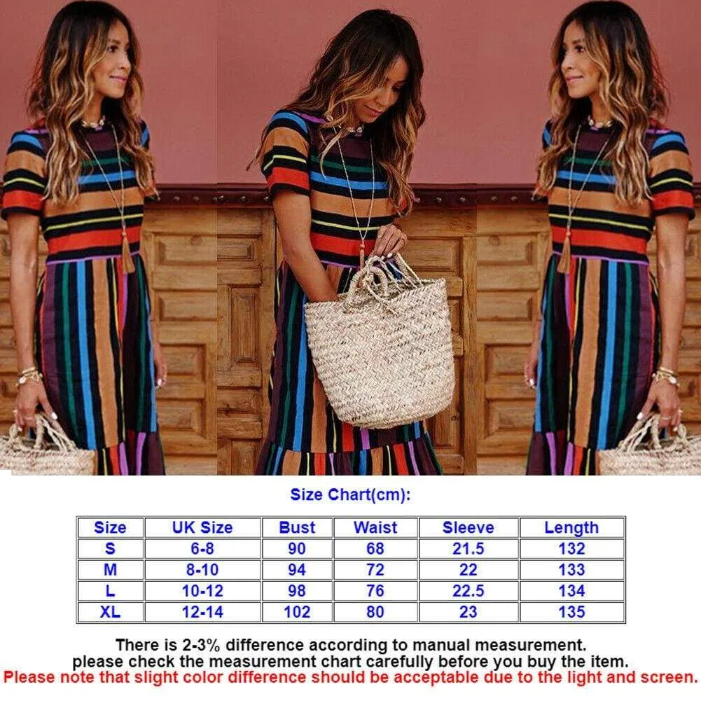 FashionSierra - Summer Holiday Dress Women Stripe Boho Short Sleeve Long Maxi Dress New Ladies Casual Beach Sundress