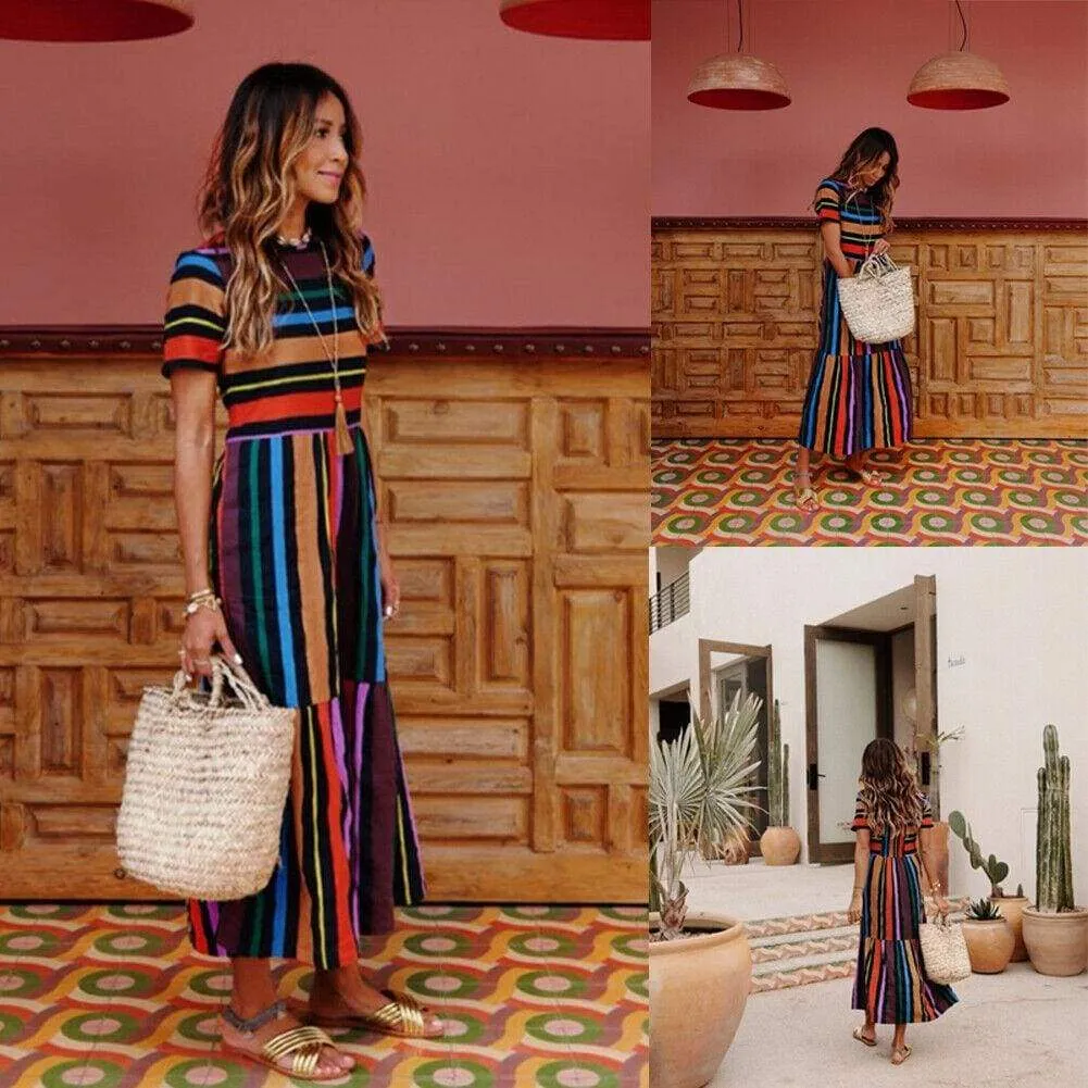 FashionSierra - Summer Holiday Dress Women Stripe Boho Short Sleeve Long Maxi Dress New Ladies Casual Beach Sundress