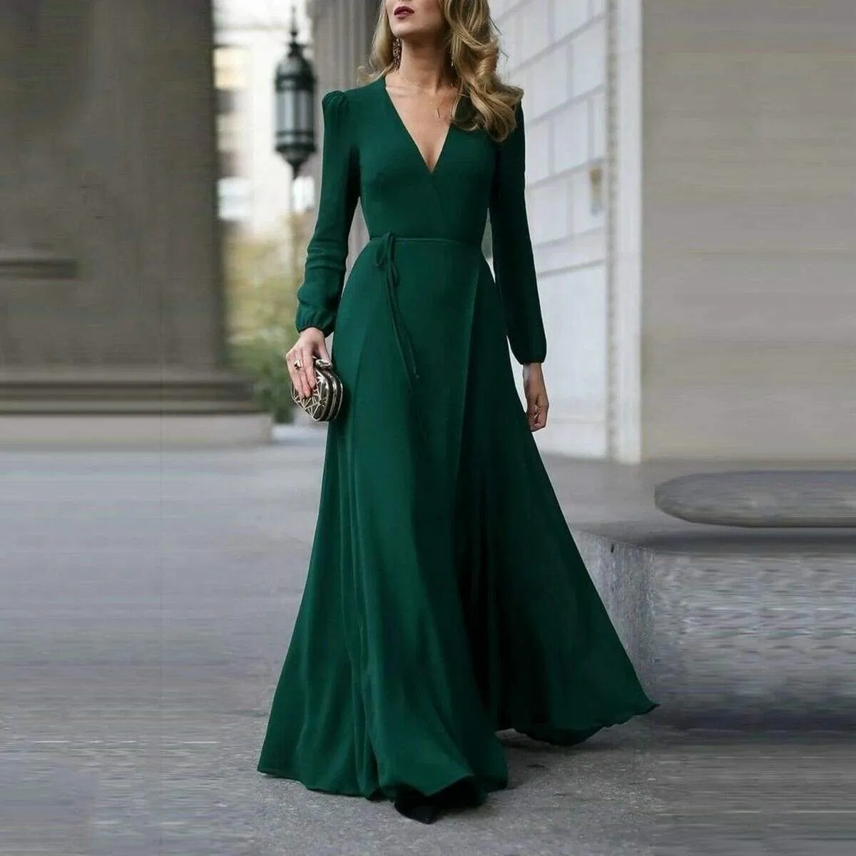 FashionSierra - Women Lady V Neck Long Sleeve Maxi Dress