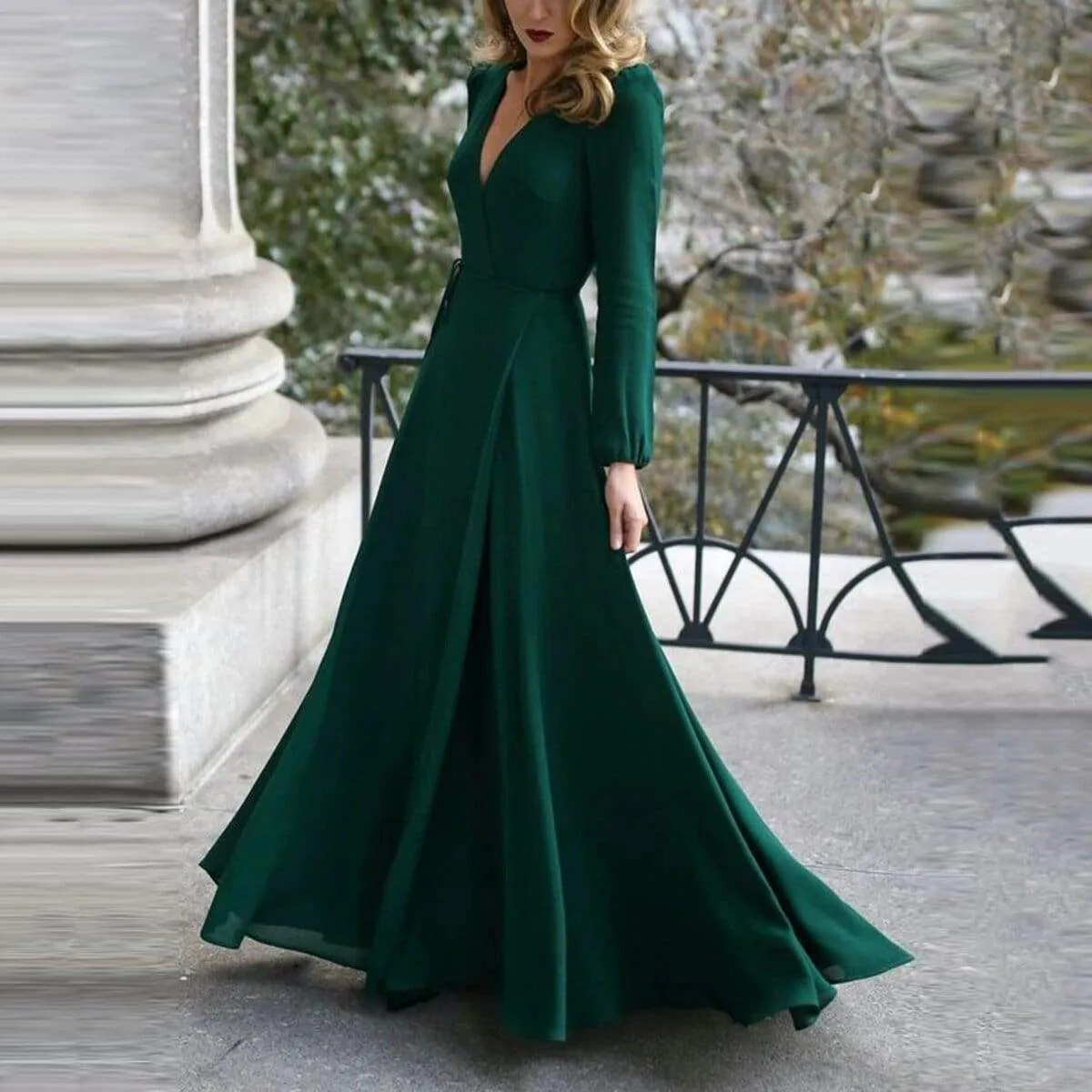 FashionSierra - Women Lady V Neck Long Sleeve Maxi Dress