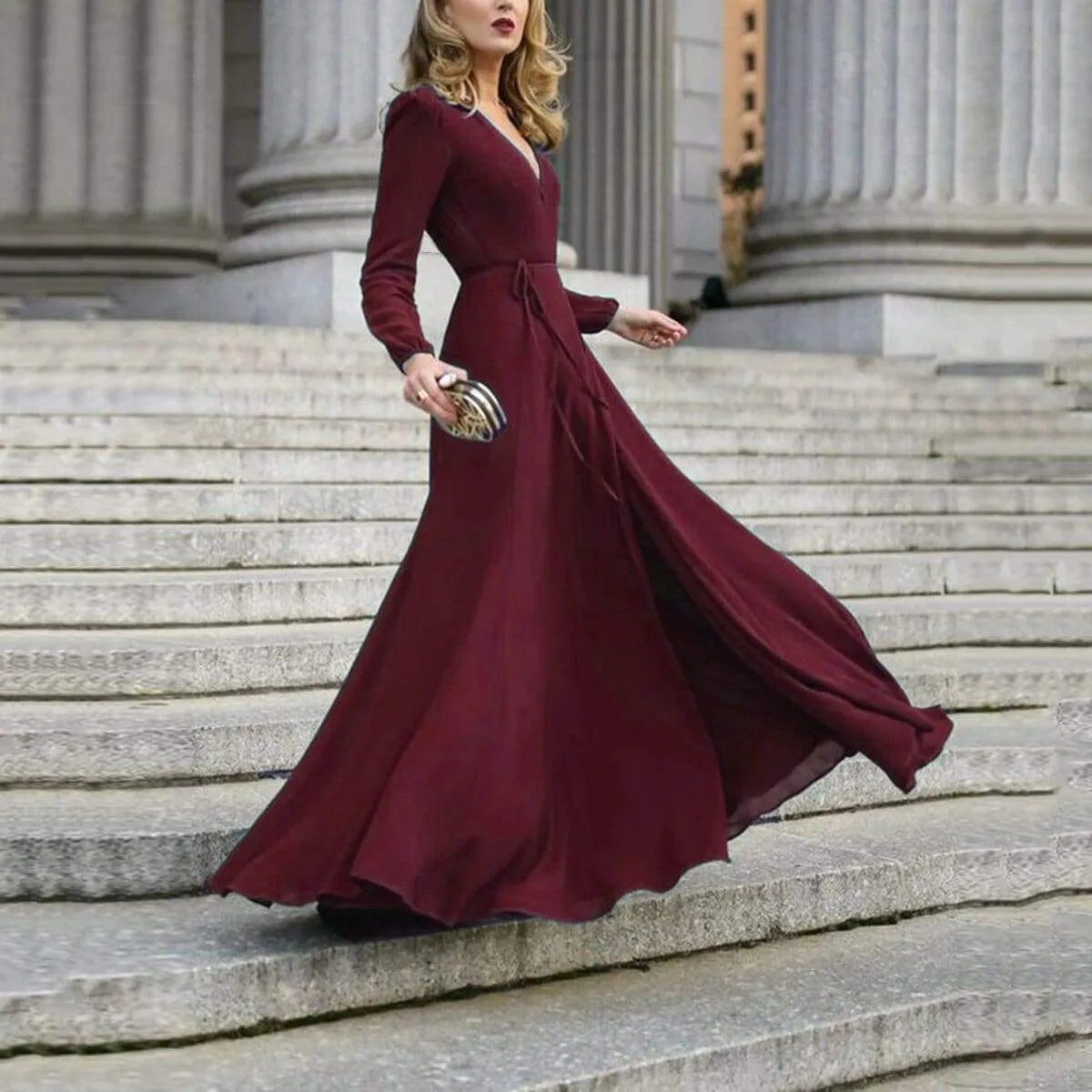 FashionSierra - Women Lady V Neck Long Sleeve Maxi Dress