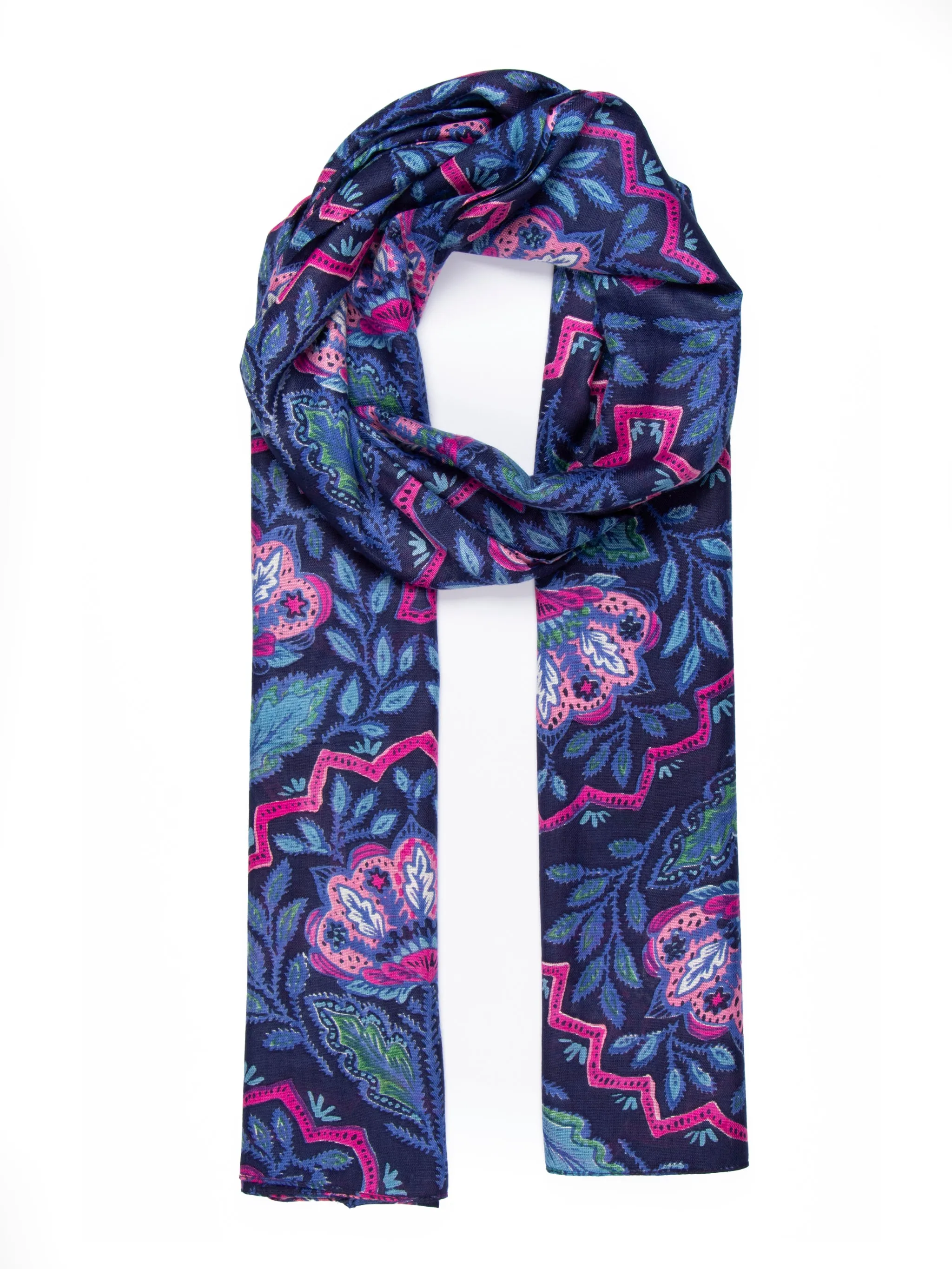 Fern Lightweight Scarf - Navy Blue, Floral Mosaic