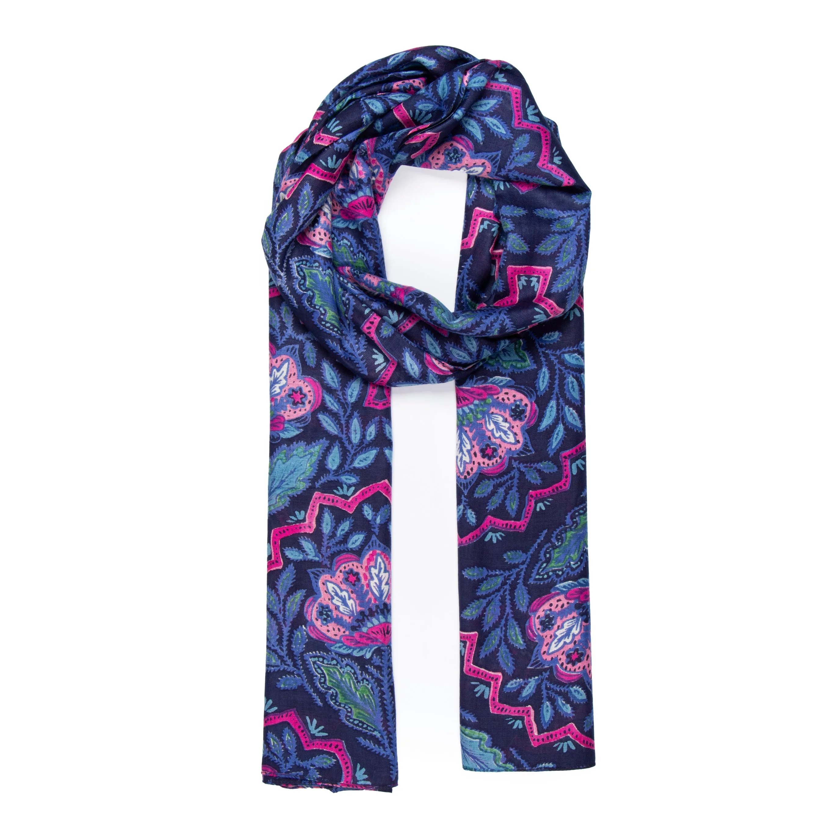 Fern Lightweight Scarf - Navy Blue, Floral Mosaic