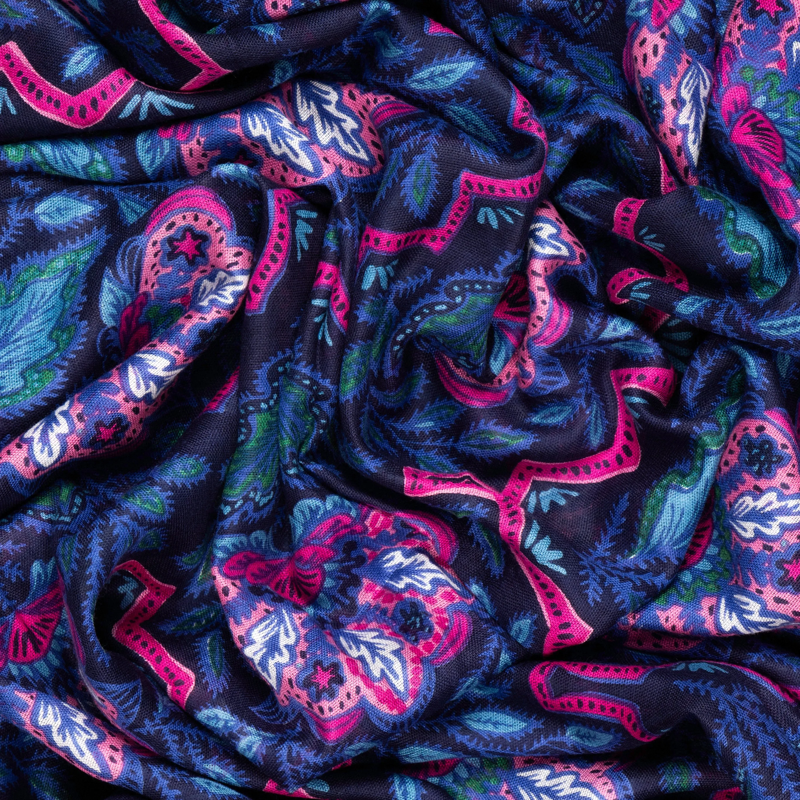 Fern Lightweight Scarf - Navy Blue, Floral Mosaic