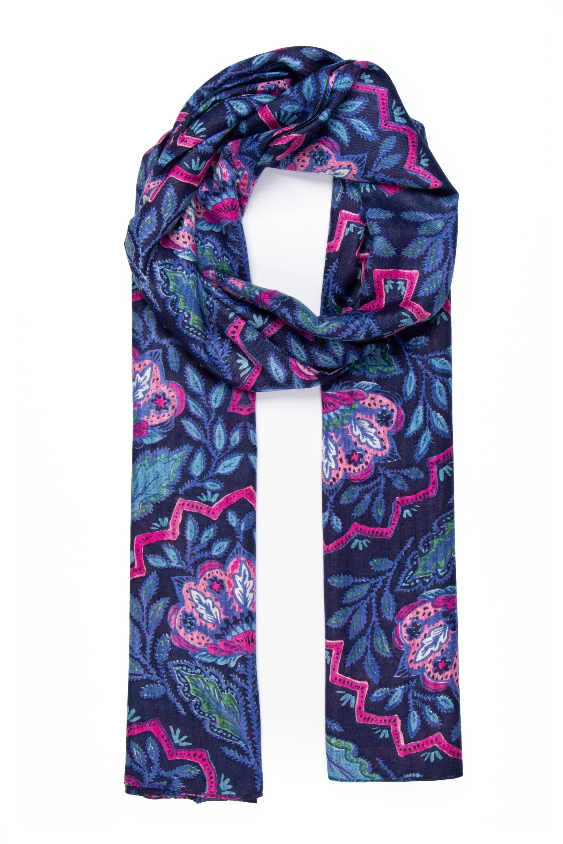 Fern Lightweight Scarf - Navy Blue, Floral Mosaic
