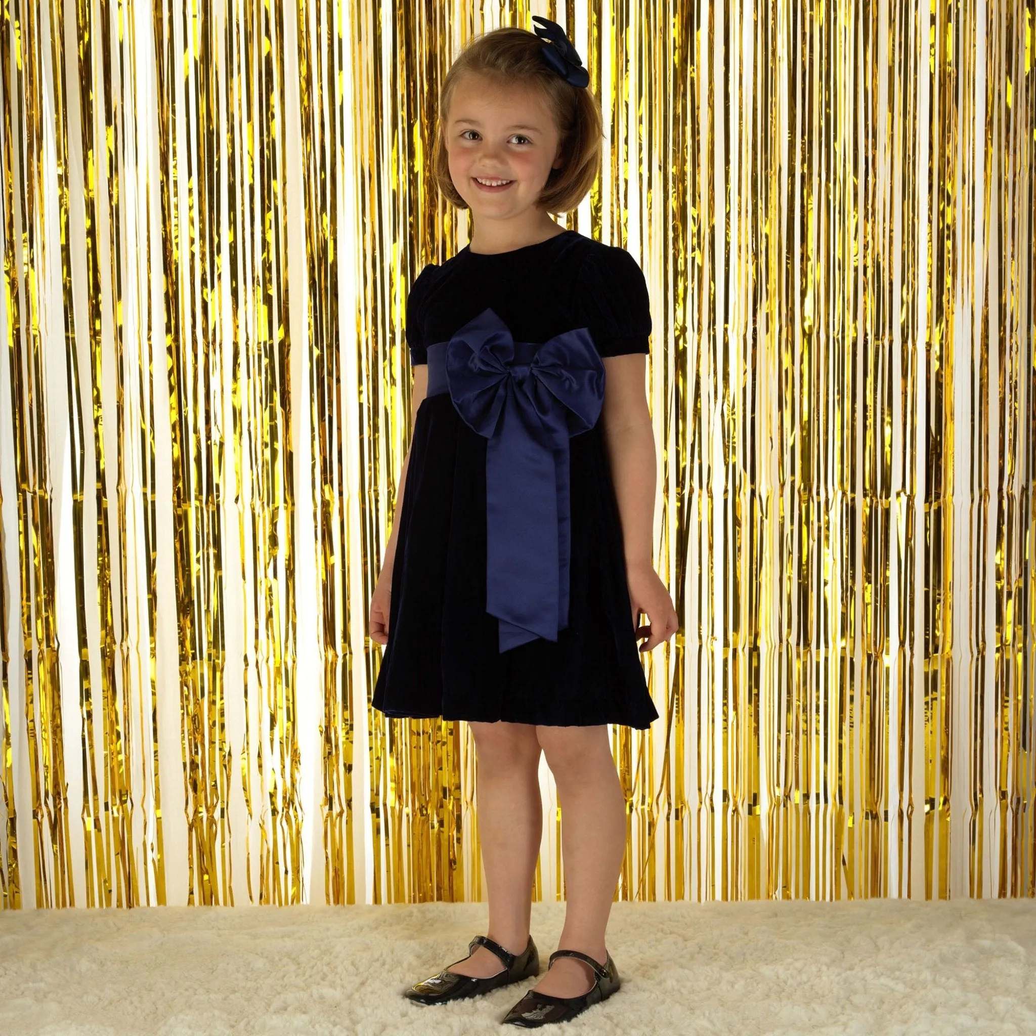 Girls Crushed Velvet Bow Dress, Navy