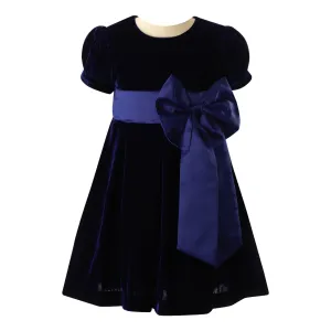Girls Crushed Velvet Bow Dress, Navy