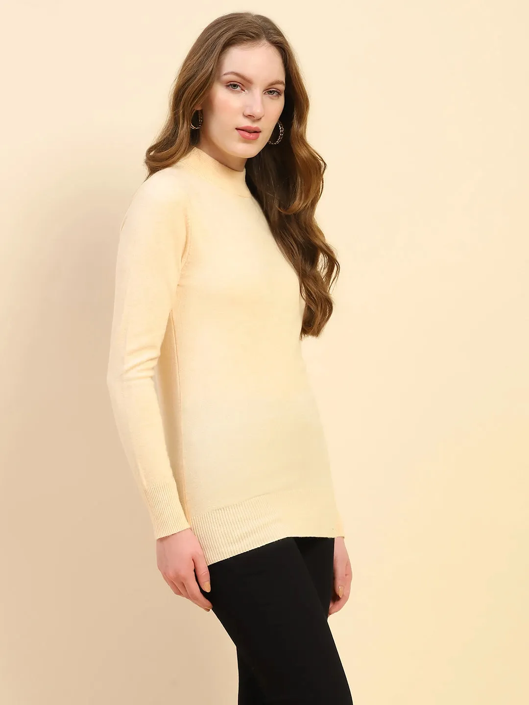 Light Peach Solid Poly Blend High Neck Skivvy Pullover