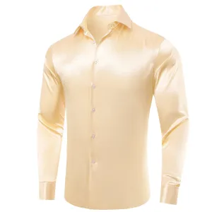 Light Yellow Solid Satin Men's Long Sleeve Shirt