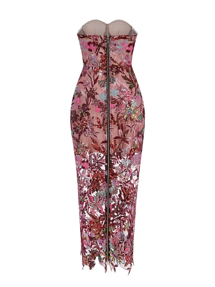 Luxury Strapless Floral Embroidered Sequin Maxi Gown