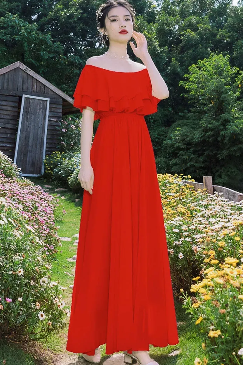 Maxi off shoulder chiffon dress women 4441
