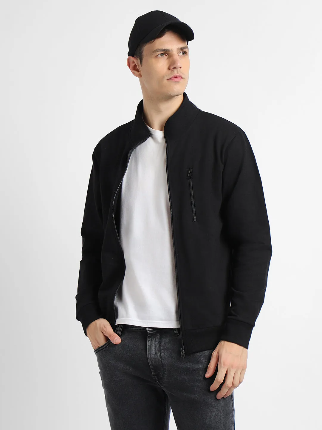 Men's Mock Neck Regular Fit Solid Black Sweatshirt