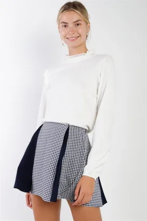 Navy & Cream Houndstooth Print Pleated High Waist Mini Skirt
