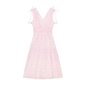 Noemie Women's Ruched Shoulder Tie Maxi Dress in Soft Pink Ikat