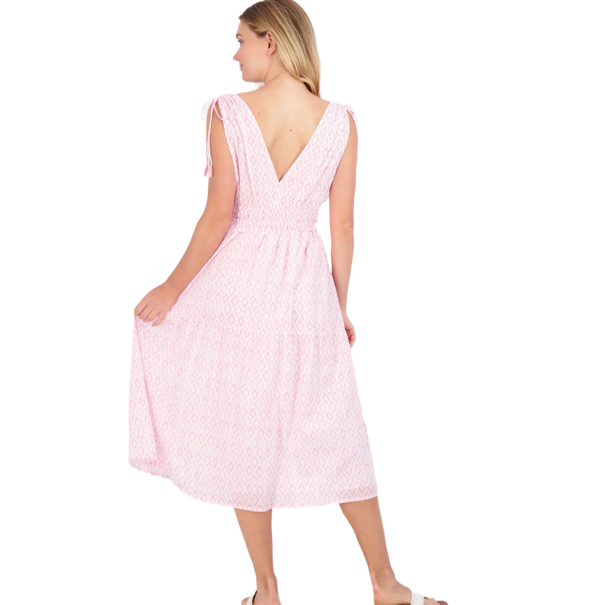 Noemie Women's Ruched Shoulder Tie Maxi Dress in Soft Pink Ikat
