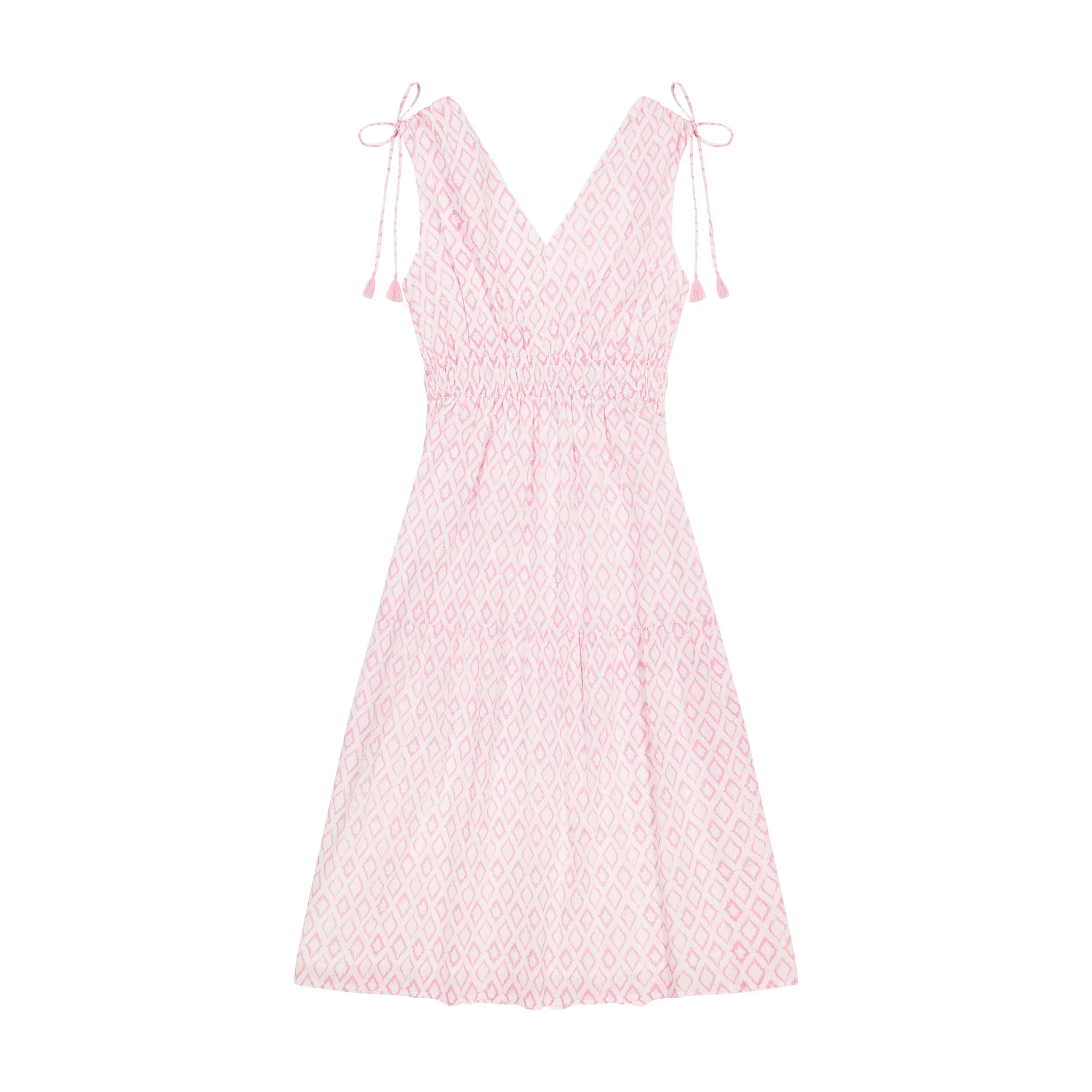 Noemie Women's Ruched Shoulder Tie Maxi Dress in Soft Pink Ikat