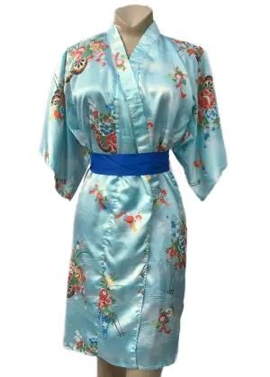 Pale Blue Silky Kimono Robe Flower Pattern