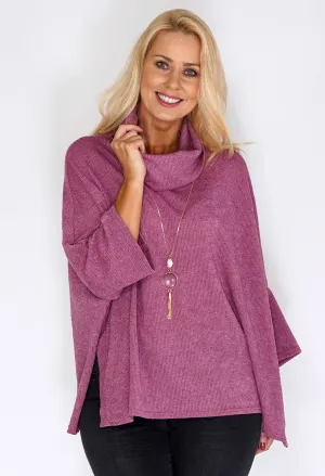 Pink Oversized Batwing Knit Jumper with Necklace Detail
