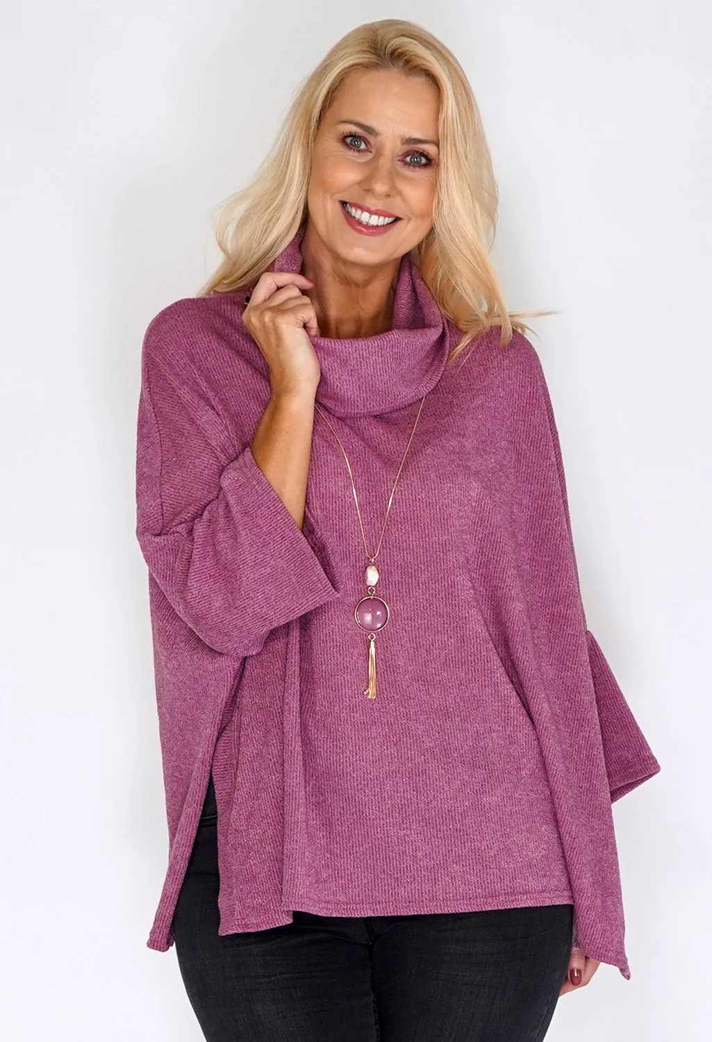 Pink Oversized Batwing Knit Jumper with Necklace Detail