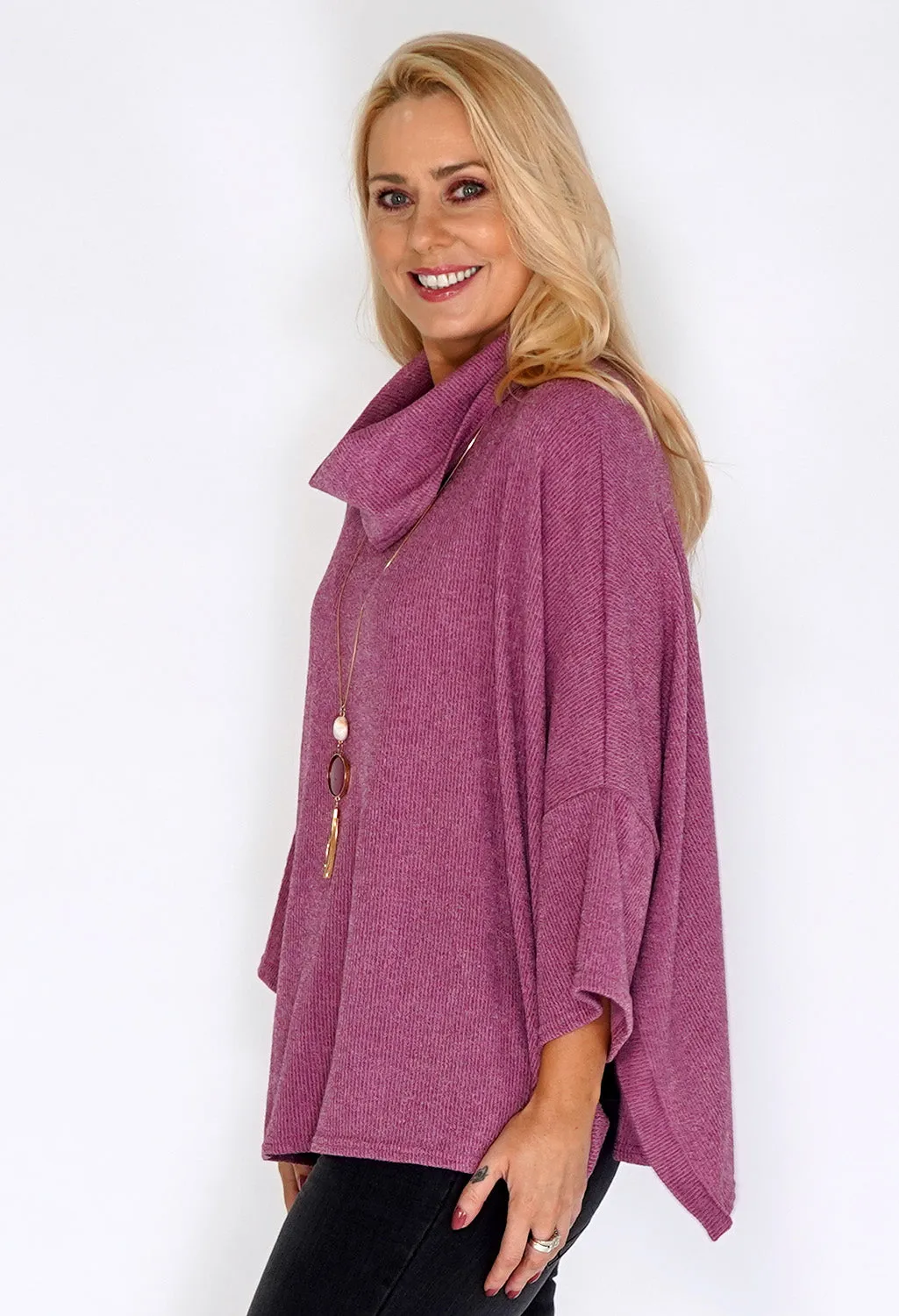 Pink Oversized Batwing Knit Jumper with Necklace Detail