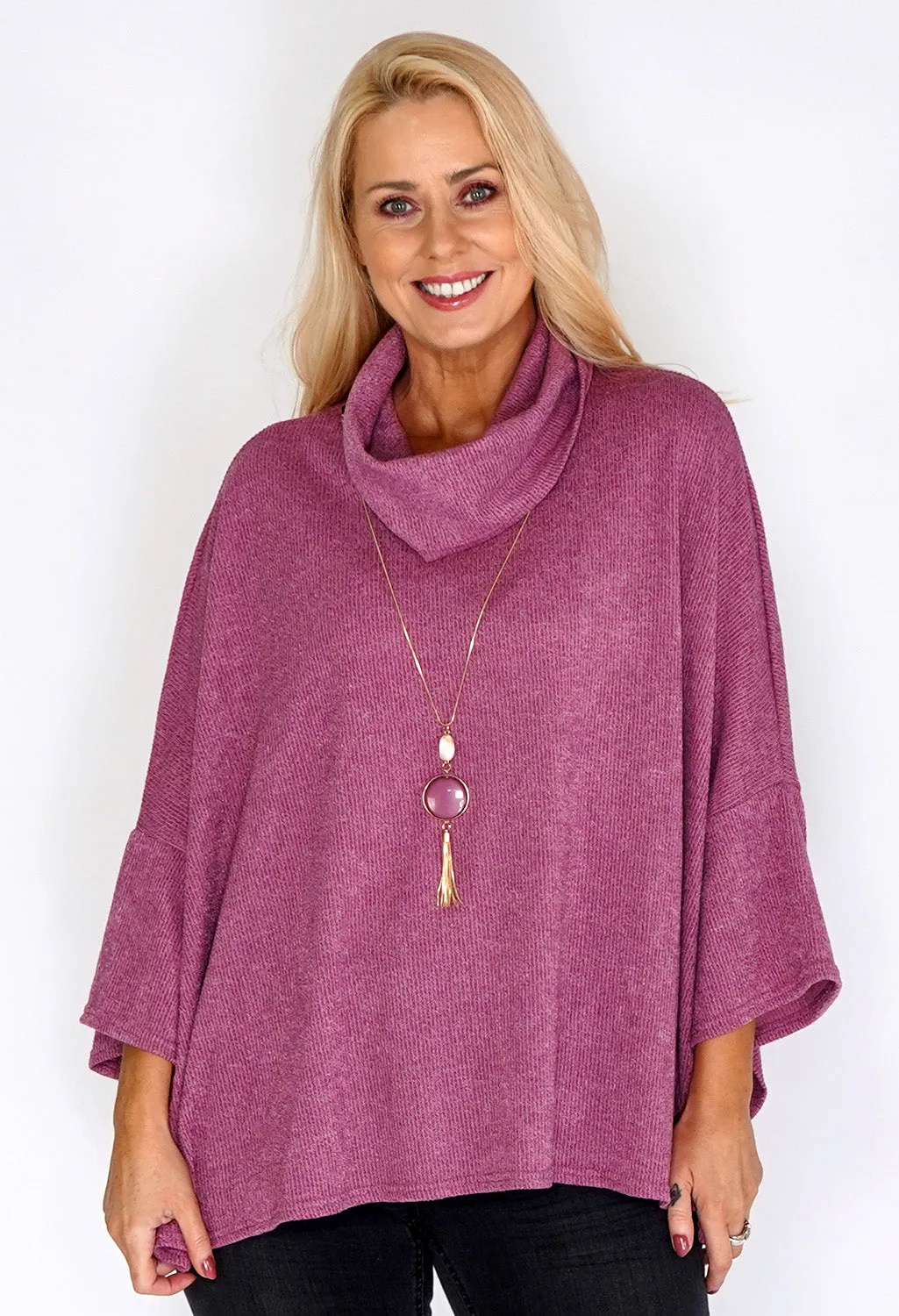 Pink Oversized Batwing Knit Jumper with Necklace Detail