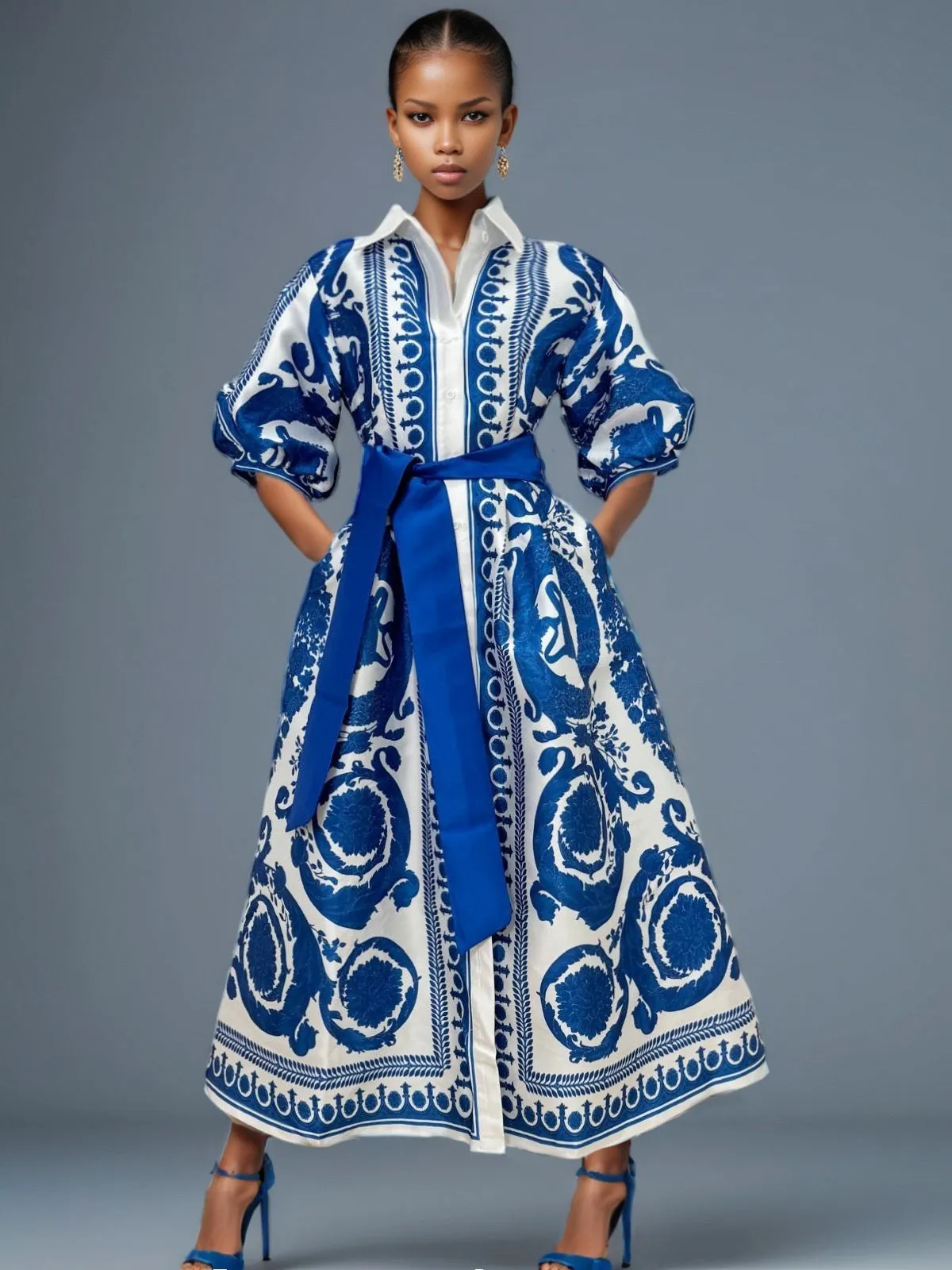 Print Button Maxi Dress