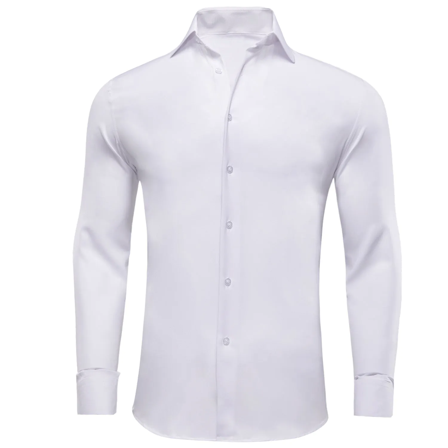 Pure White Solid Cotton Stretchy Fabric Men's Long Sleeve Shirt