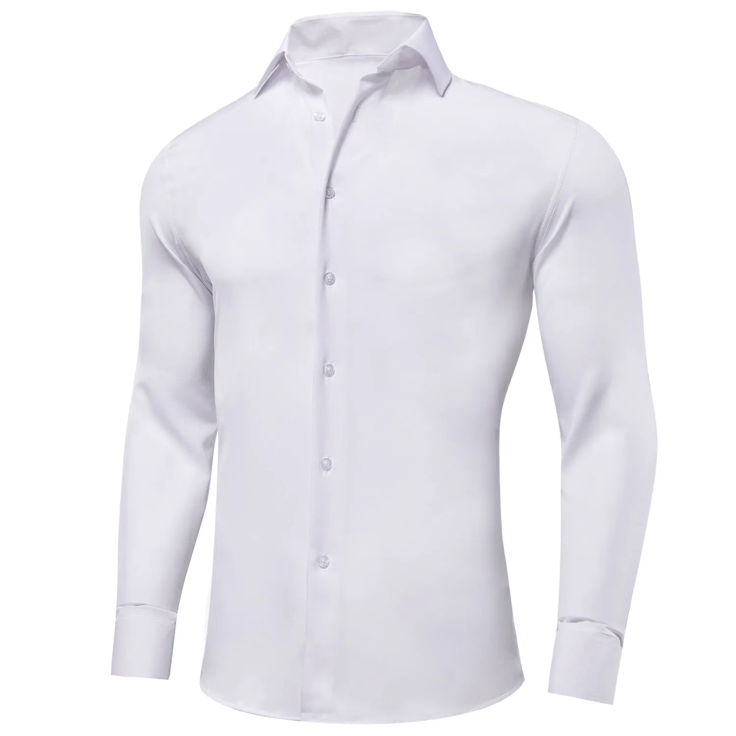 Pure White Solid Cotton Stretchy Fabric Men's Long Sleeve Shirt
