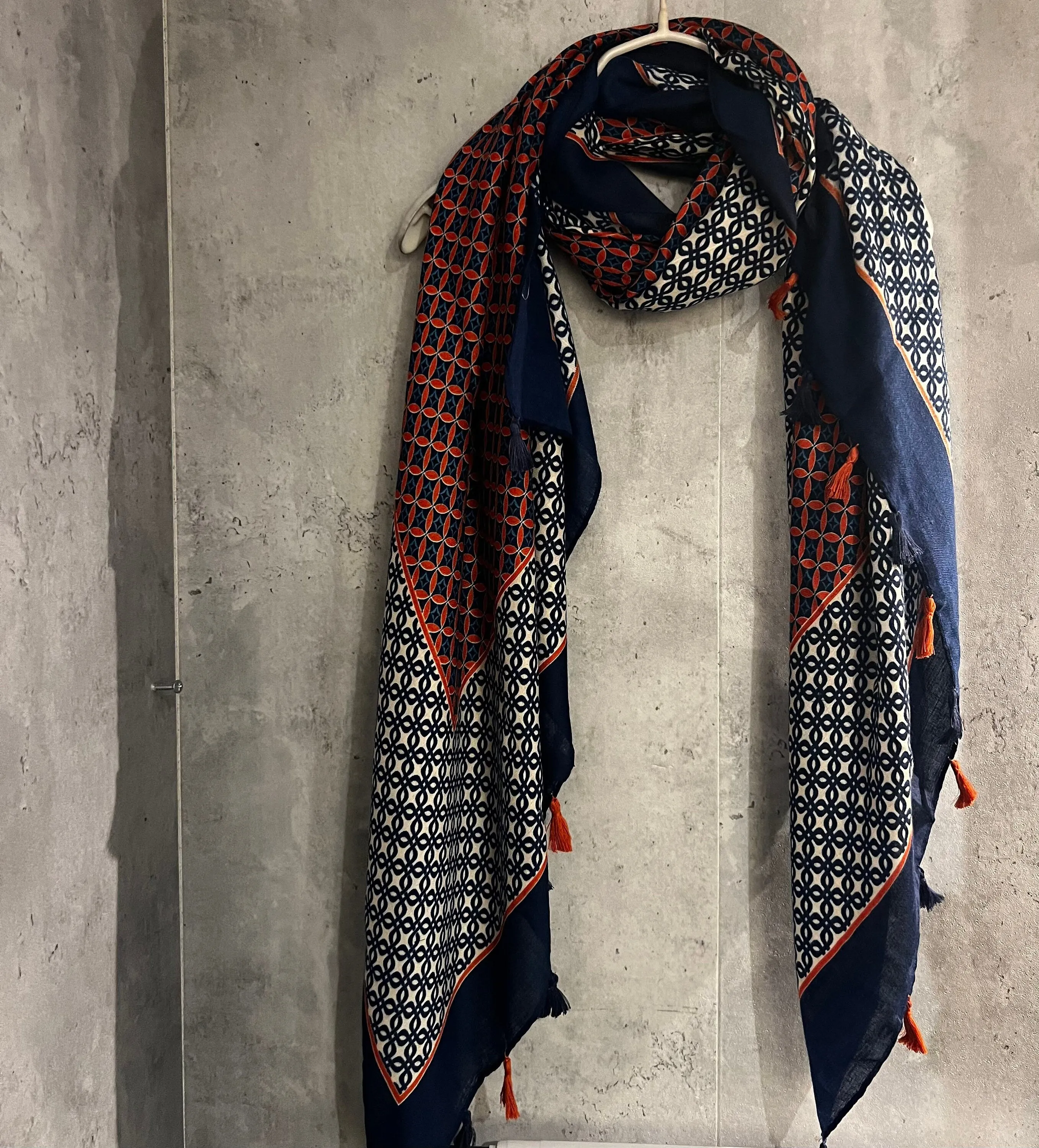 Seamless Tiles Pattern With Tassel Blue Cotton Scarf/Summer Autumn Winter Scarf/Gift For Mum/Scarf Women/Gift Birthday Christmas/UK Seller