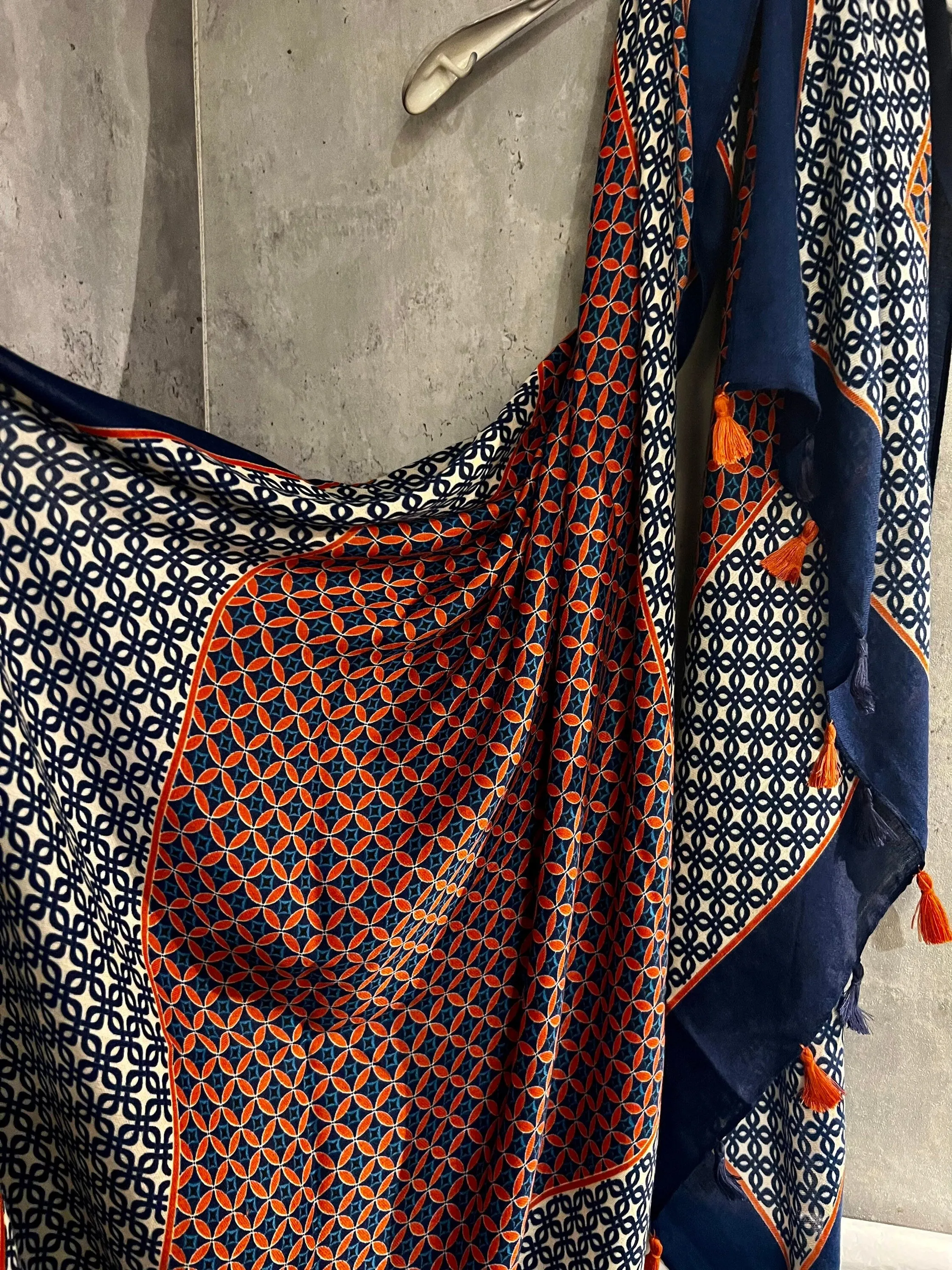 Seamless Tiles Pattern With Tassel Blue Cotton Scarf/Summer Autumn Winter Scarf/Gift For Mum/Scarf Women/Gift Birthday Christmas/UK Seller