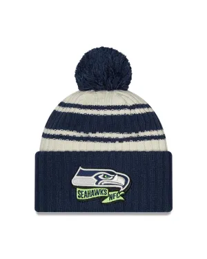Seattle Seahawks New Era 2022 Sideline - Sport Cuffed Pom Knit Hat - Cream/Navy