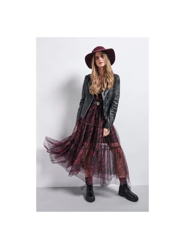Sheer long dress in wine red zebra print
