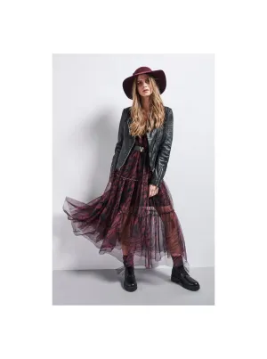 Sheer long dress in wine red zebra print