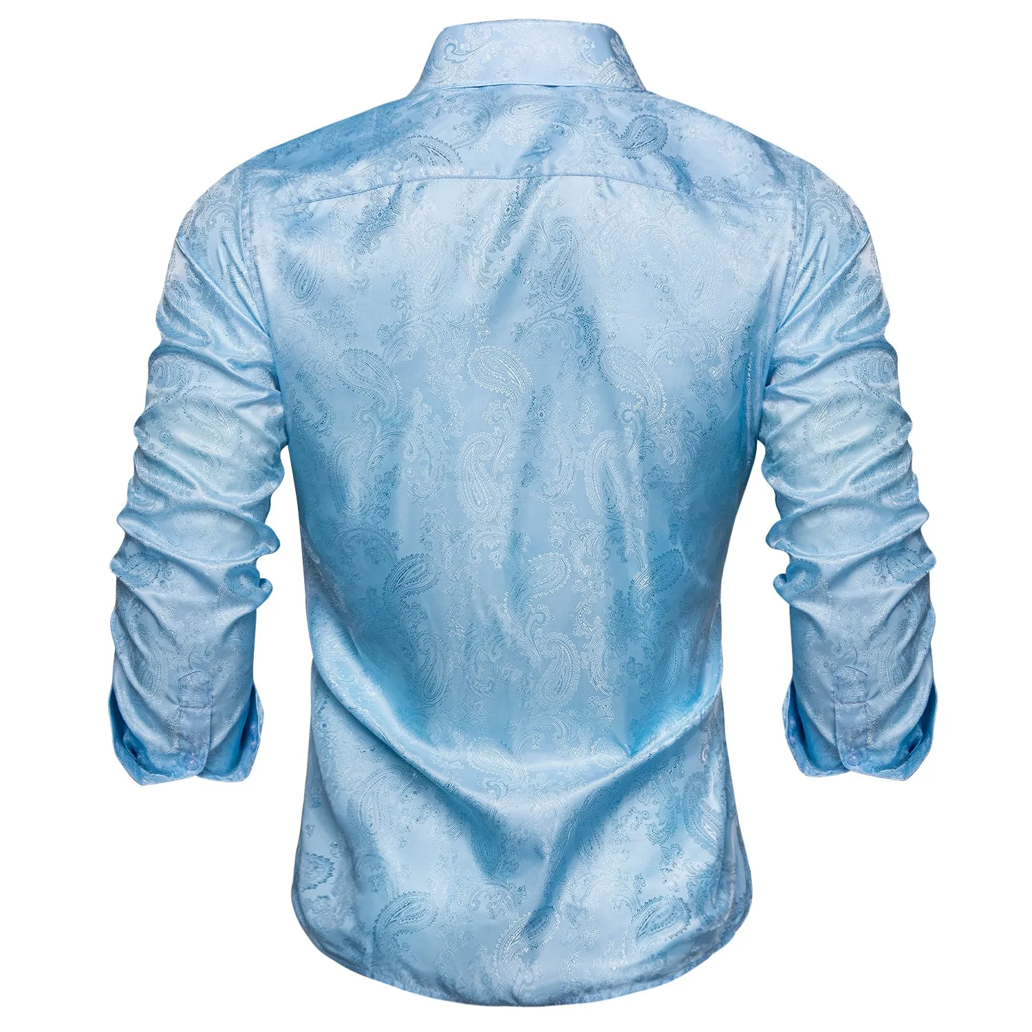 Sky Blue Paisley Silk Men's Long Sleeve Shirt