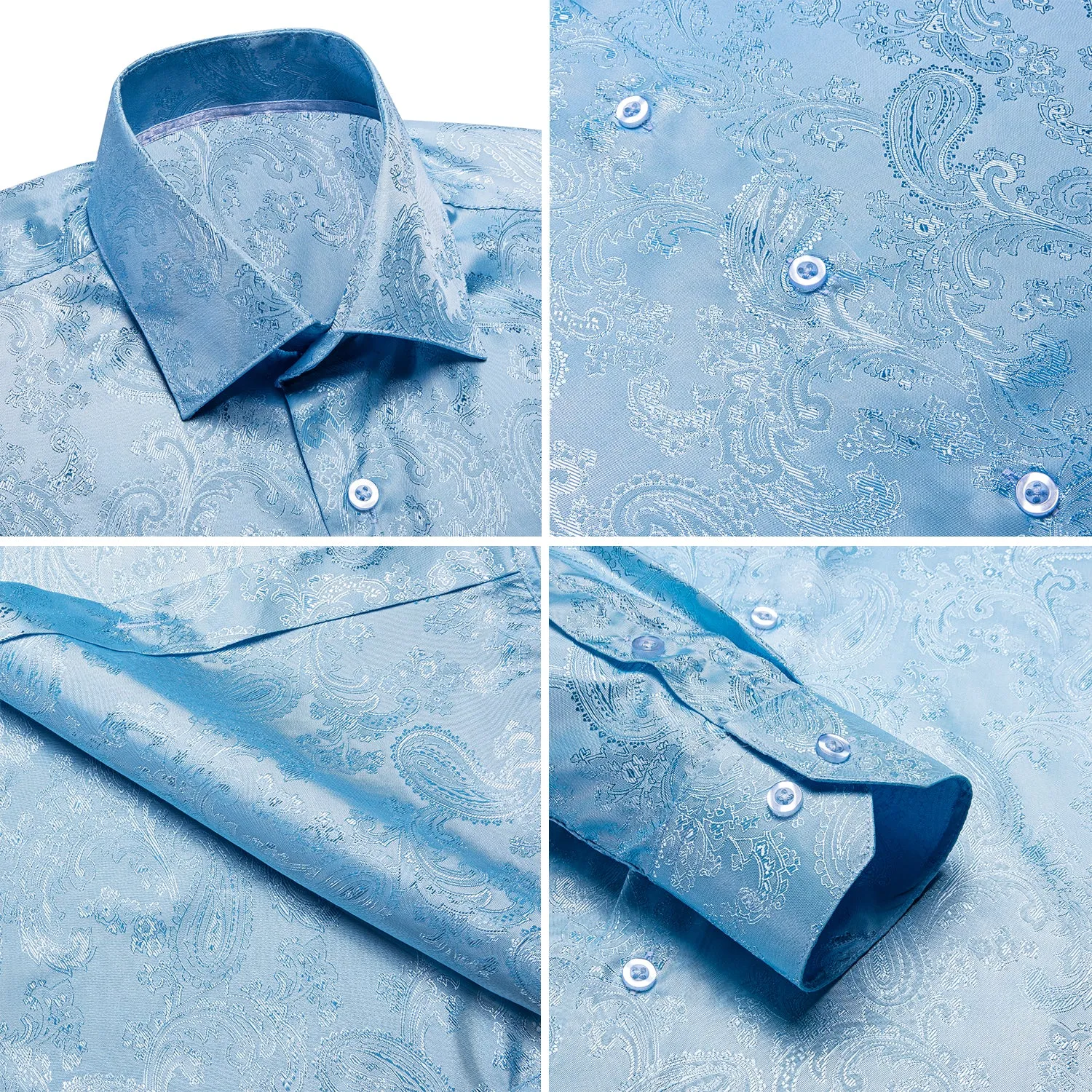 Sky Blue Paisley Silk Men's Long Sleeve Shirt