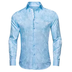 Sky Blue Paisley Silk Men's Long Sleeve Shirt