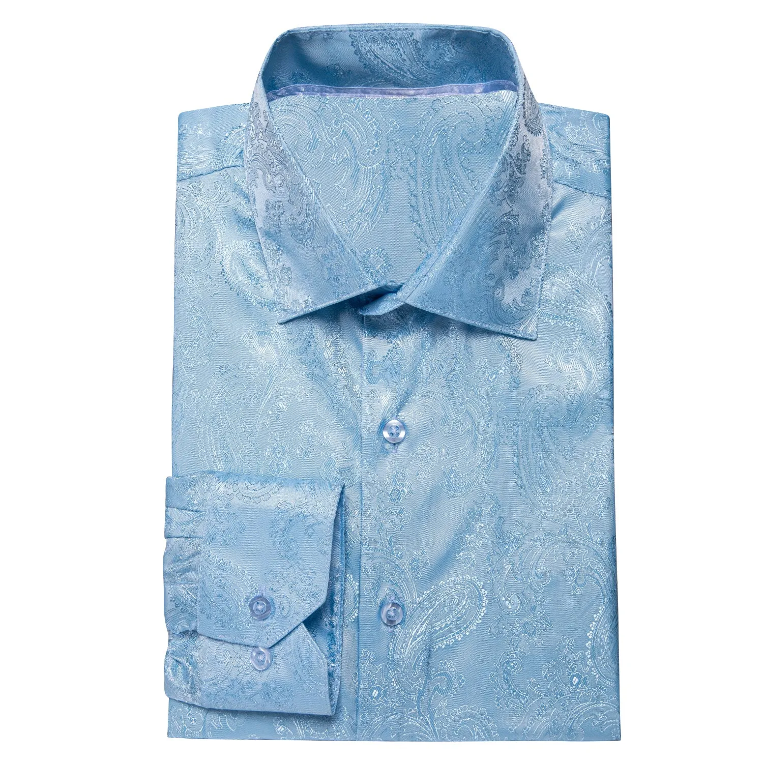 Sky Blue Paisley Silk Men's Long Sleeve Shirt