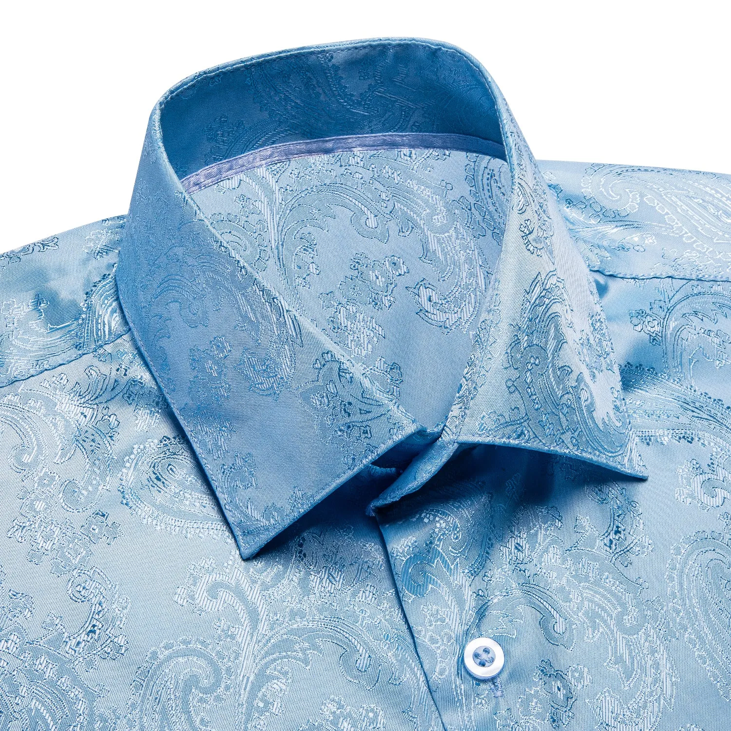 Sky Blue Paisley Silk Men's Long Sleeve Shirt