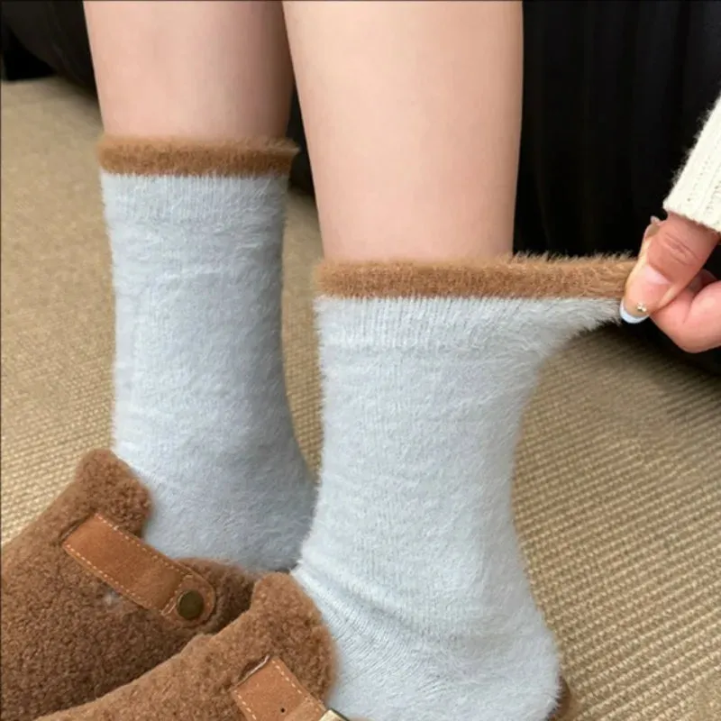 Sohiwoo Mink Fleece Super Soft Socks Women Thick Plush Warm Winter Ins Fashion Comfortable Middle Tube Socks Home Sleeping Floor Sock
