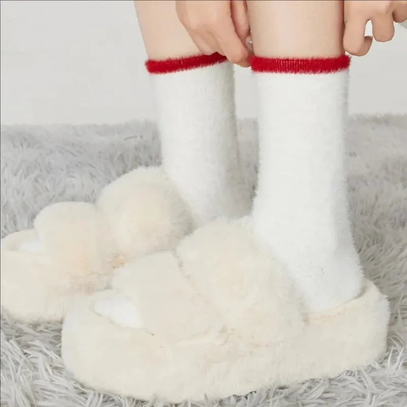 Sohiwoo Mink Fleece Super Soft Socks Women Thick Plush Warm Winter Ins Fashion Comfortable Middle Tube Socks Home Sleeping Floor Sock
