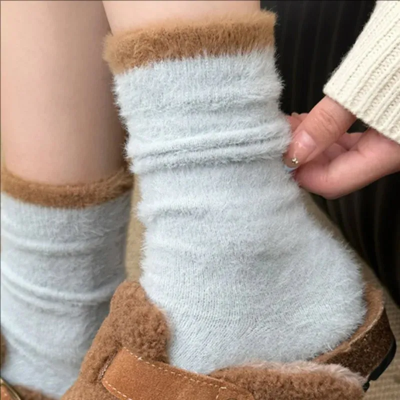 Sohiwoo Mink Fleece Super Soft Socks Women Thick Plush Warm Winter Ins Fashion Comfortable Middle Tube Socks Home Sleeping Floor Sock