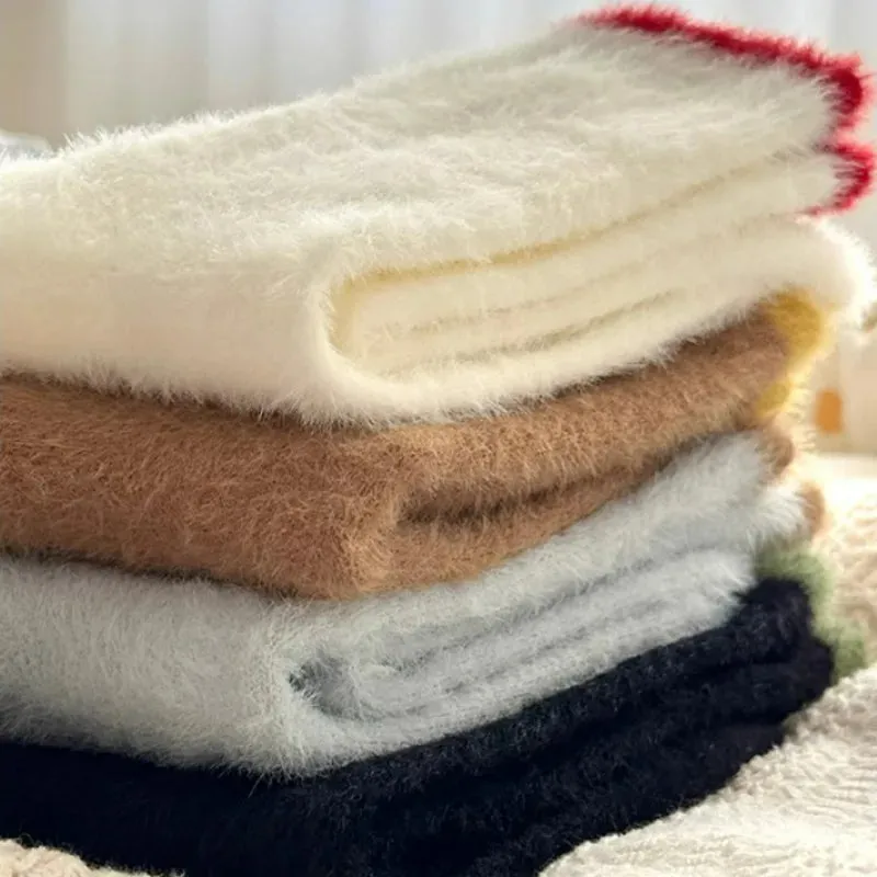 Sohiwoo Mink Fleece Super Soft Socks Women Thick Plush Warm Winter Ins Fashion Comfortable Middle Tube Socks Home Sleeping Floor Sock