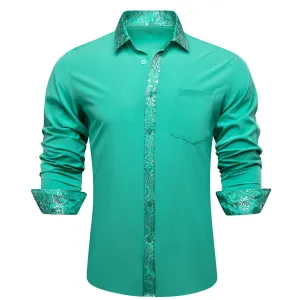 Splicing Style Aqua Blue with Silver Green Paisley Edge Men's Long Sleeve Shirt