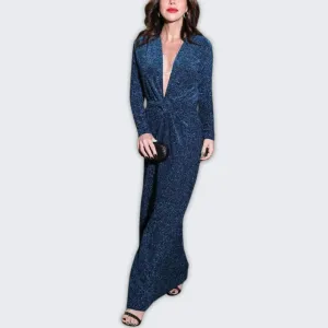 Stunning Blue Glitter Maxi Dress with V-Neck & Long Sleeves