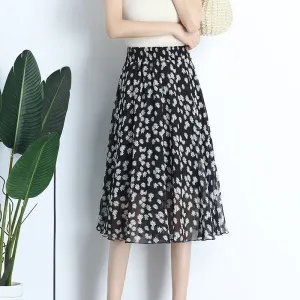 Summer Chiffon Mid Length Pleated Floral Women Skirt Mid-Length Elastic Waist Daisy A-Line Skirt