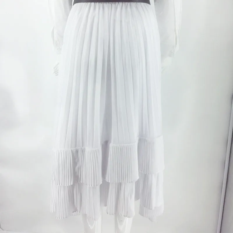 Summer Inspired White Lapel Long Sleeved Shirt Vintage Ruffle Collar Pleated Dress Sets Women Skirt